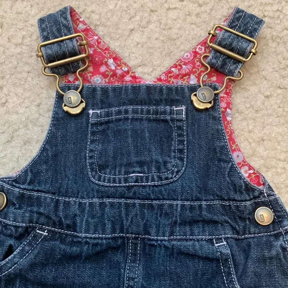 Gymboree Denim Floral Overall Jumper Dress 0-3 Months Pockets Cotton Red Blue